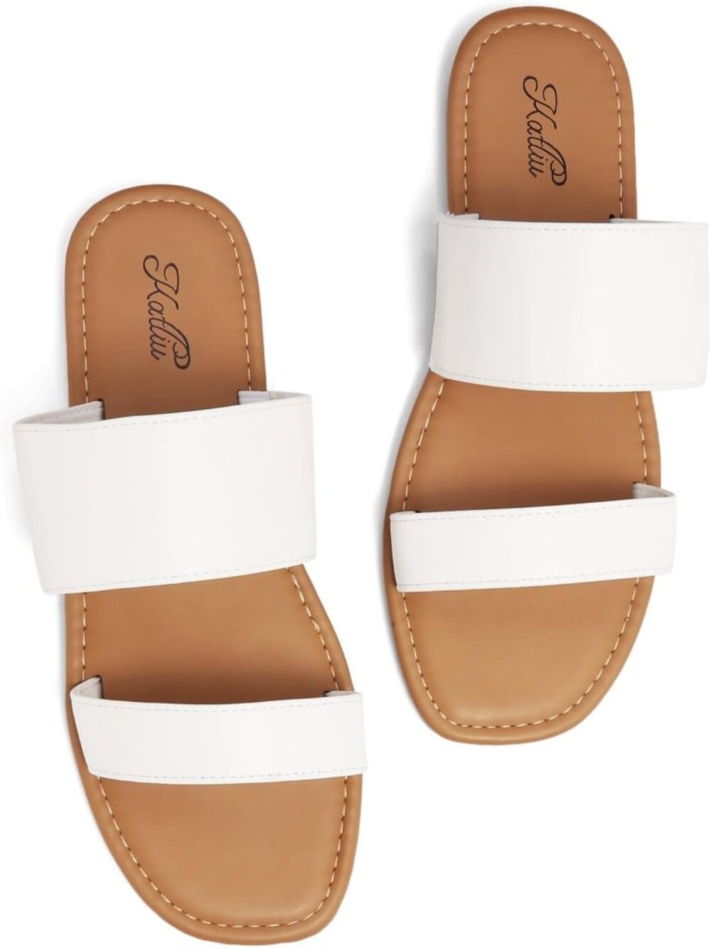 Women's White Open Square Toe Two Strap Slide Slip On Flat Casual Sandal Shoes